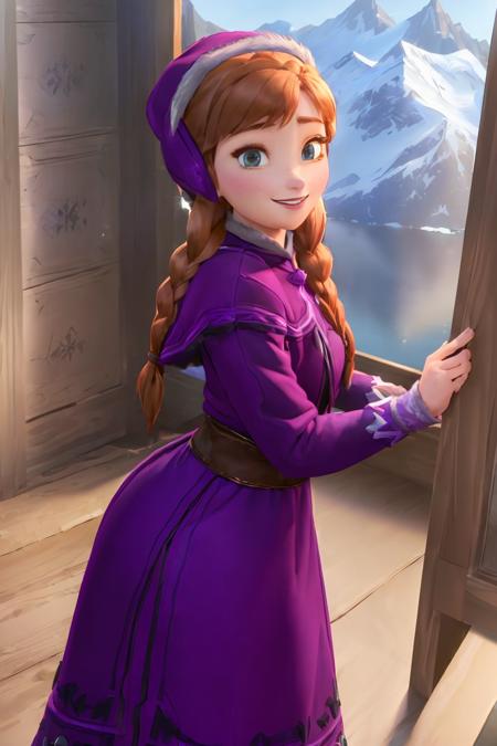 (masterpiece:1.4), (best qualit:1.4), (high resolution:1.4), anna of arendelle, purple cap, twin braids, winter mountain outfit, looking at viewer, smile, <lora:anna_of_arendelle_v22o:1>