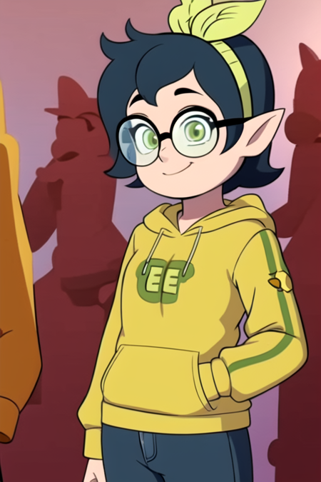 masterpiece, best quality, <lora:willow_timeskip:0.8>, 1girl, solo, green eyes, smile, short hair, hairband, glasses, pointy ears, hoodie, hood down. long sleeves, jeans