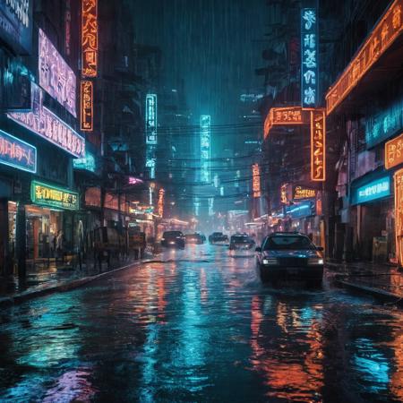 cybercity, flood , advertisement, noon, flowing water in the street, realistic. , blade runner, too many city wires, rush hour city, neon lights, glowing city, city reflection, wet road.