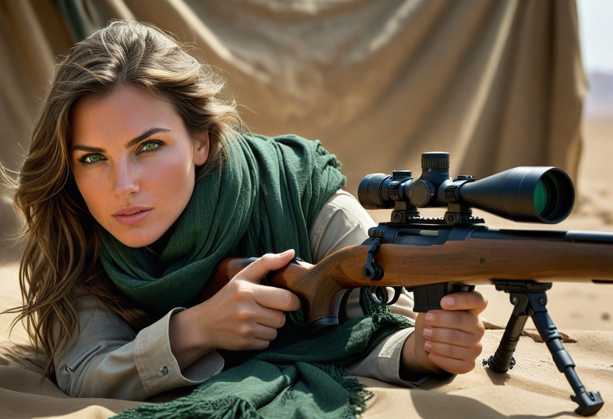 Side view photo of subject lying down in sniper position aiming off camera, Create a hyper realistic detailed, arrestingly beautiful caucasian 28 year old woman, she is a stunningly gorgeous woman, slight look alike of Laura Croft, natural rugged look, long messy brunette hair, gently smile, wrapped in an elegant dark green scarf with black boarder, flowing deep green linen scarf, the rest of her clothing is camo and kaki. this strikingly beautiful woman is a sniper perched upon a small shed in Desert Storm aiming a sniper rifle with a scope, high detail on ice green eyes capturing their depth and emotion, clear and detailed warm sun rays on her face with shadows reflecting her rugged natural skin with subtle wrinkle details adding to her realism, photo has the aesthetic of National Geographic photography. Aim for the dramatic outdoor lighting and meticulous composition seen in the work of renowned photographers such as Steve McCurry, Jimmy Nelson, and Sebastiao Salgado. Arabian desert, blowing dust background.