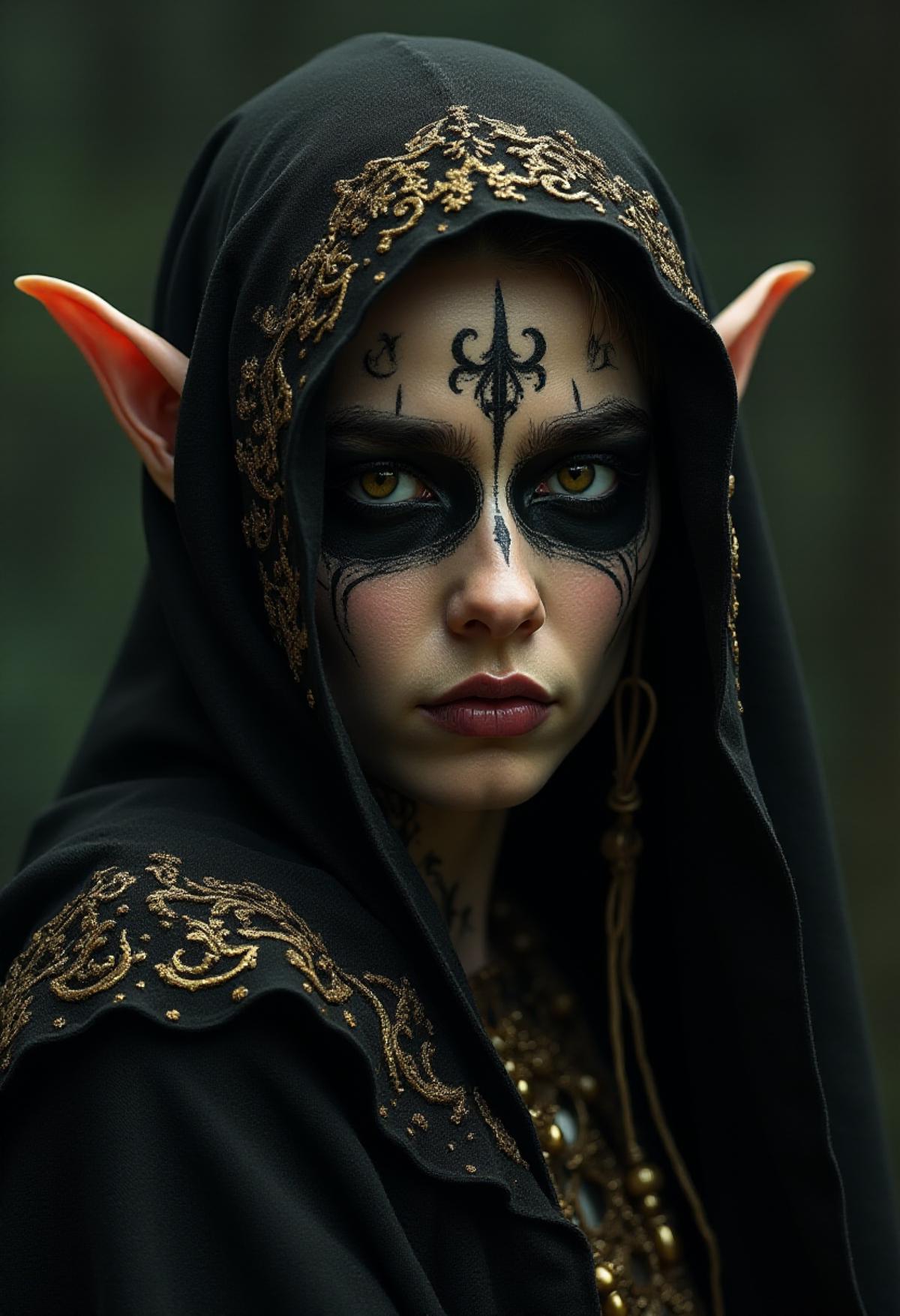 hyperrealism, elven girl, a stunning photo of a gorgeous necromancer female Aerenal Elf, gold and black robes, face warpaint, skull face paint, gorgeous, 8k HD, detailed skin texture, ultra realistic, textured skin,