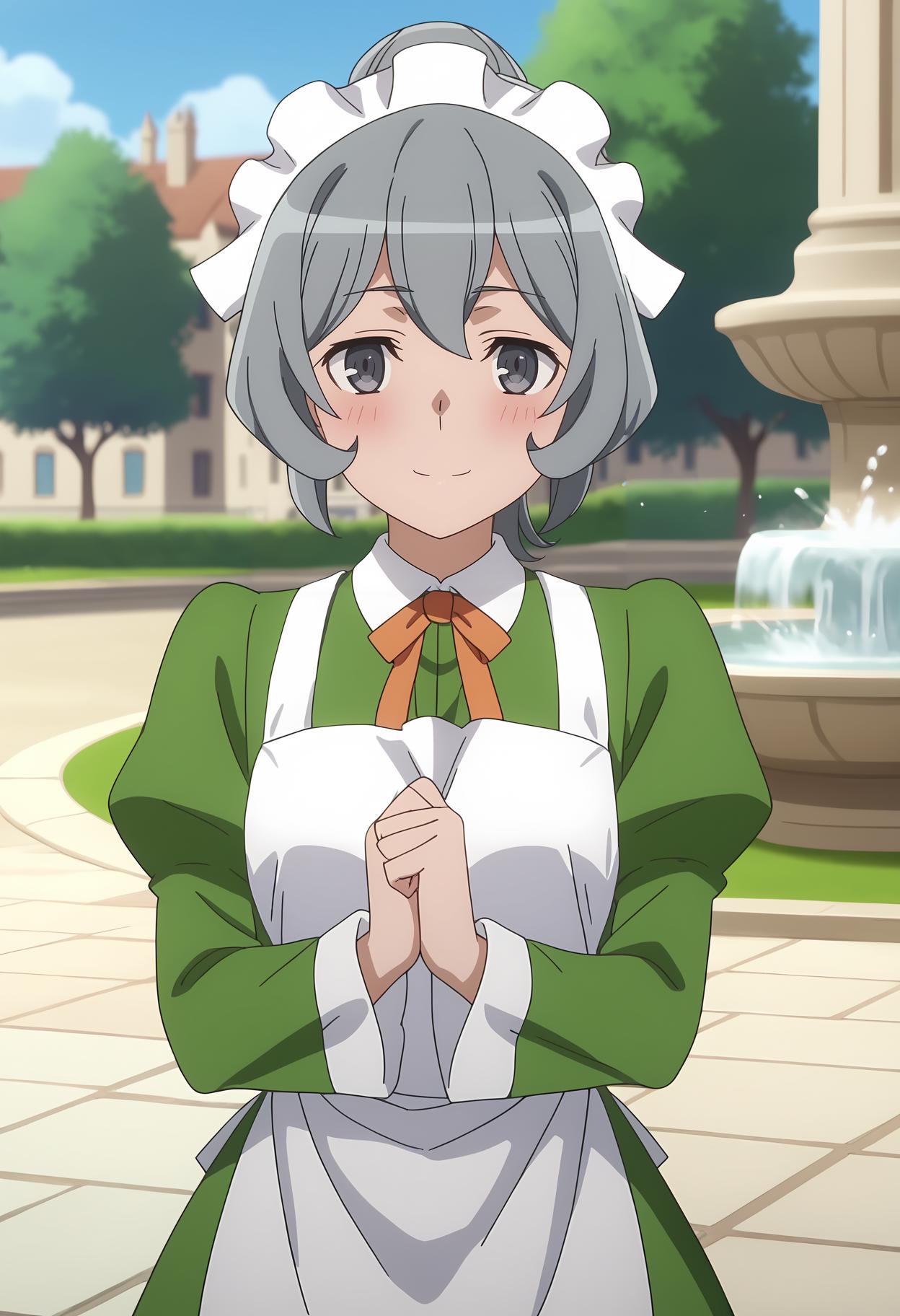 score_7_up, anime screencap,
<lora:DanMachi_SyrFlovaXL:0.9>,
1girl, solo, closed mouth, light smile, blush,
short hair, short ponytail, grey hair, grey eyes,
SyrMaid, green dress, white headdress, white apron, neck ribbon, orange ribbon, juliet sleeves, long sleeves,
v arms, standing, looking at viewer,
outdoors, fantasy, city, fountain, blurry background