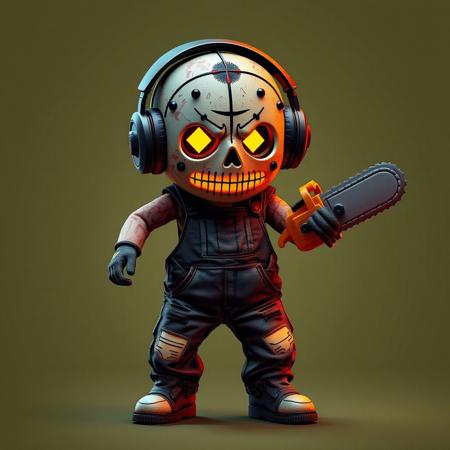 A cute leatherface character with exaggerated proportions, with a glowing tattered skin mask on the head, triangular eyes and nose, a hip-hop style loose overalls, wearing big headphones, holding a toy chainsaw, dancing hip-hop to the music, Flexible and playful
