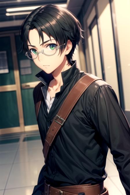 masterpiece, best quality, game cg, 1boy, solo, male focus, looking at viewer, upper body, depth of field, <lora:kengo_suguri:0.68>, kengo_suguri, black hair, green eyes, glasses, swashbuckler costume, , 32k resolution