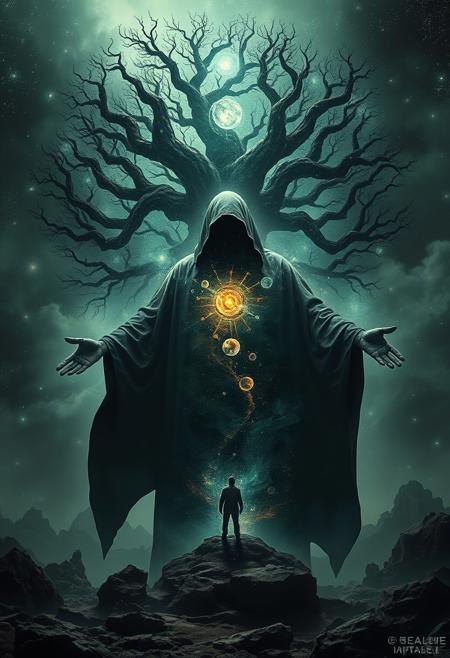 A universe inside a dark cloaked figure within mysterious landscape in an unfathomable realm of fantastic creation inhabited by ancient shadows of a forgotten time beyond the gate of the gateless gate where life is limitless, light is shadow and shadow is light, eerie sense, horror, spark of the beginning, existence and nonexistence at once, ethereal, outstretched arms, behold the end of the beginning, inglorious glory to the dark one, betrayal of the ancient order, beware the 7headed beast, destroyer of the old ways, bearer of the unbearable, nightmarish, archaic runes, tree aging backwards, breath of the gods, ruins of a place unimagined, extreme intricate detail, photorealistic, beyond epic scene, fate discarded, unseeable face of god, the end is the beginning, the beginning is the end, man arises as god dies, as above so below, as below so above, emerald tablet