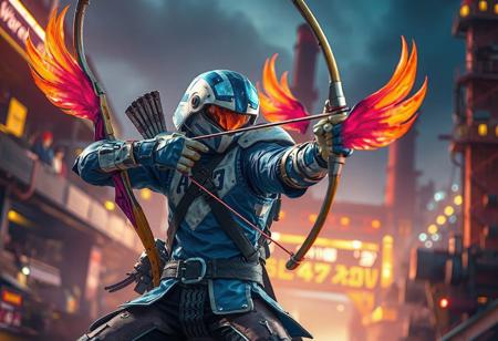 A detailed, action-details scene is depicted in 4K quality, featuring a blue and white Junk Archer  center stage, wielding Phoenix Bow in a dynamic pose. Junk Archer, colored pink and yellow,Machine Conversion Factory wait in the background, boasts vibrant colors, sharp lines, and harmonious hues, all set against a Machine Conversion Factory. It's reminiscent of a matte painting with impeccable composition, creative angles, and balanced editing, conveying a powerful message through vivid emotions. The focus is on the captivating lighting, intricate details, and well-timed moment, making it a stunning and dynamic artwork, worthy of trending on ArtstationHQ or CGSociety.
