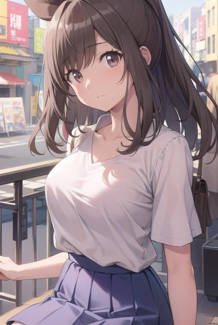 kogane tsukioka, (brown eyes:1.5), brown hair, hair tie, ponytail, bare legs, blue skirt, collarbone, collared shirt, miniskirt, shirt, short sleeves, skirt, tented shirt, tied shirt, tight clothes, tight shirt, white shirt, wing collar,