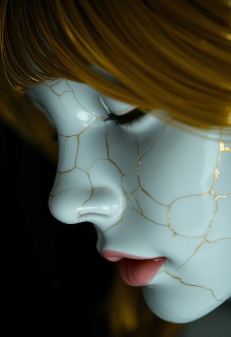 Closeup of a Cracked Porcelain woman face, gold hair, kintsugi, cracks repaired with gold, surrealistic, dark background, dramatic light