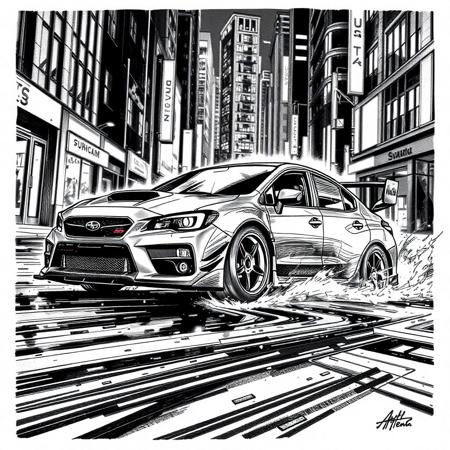 A dramatic black and white comic-style sketch of a Subaru WRX STI (civilian version, no rally livery) drifting through a tight turn in a modern city street at night. The car has exaggerated features: wide stance, flared fenders, aggressive front bumper, massive rear wing, and deep dish wheels. The scene captures the car mid-drift, back tires smoking, front wheels counter-steering, with intense motion lines and urban debris flying. The driver is not visible — focus is entirely on the car’s graceful yet powerful motion. The city background is sketched with tall buildings, blurry neon signs, and wet pavement reflecting the car’s silhouette. Style is loose, expressive ink — strong black and white contrast, with bold shadows, heavy lines, dynamic crosshatching, and sketchy speed effects. Emphasize exaggerated motion: tire smoke like storm clouds, sparks from the side skirts scraping, and dramatic lighting contrasts. Think of it as a scene from a graphic novel — cinematic, cool, and intense. No logos, no racing decals — this is a clean street version of the WRX STI, captured in full sideways glory. Scene must feel controlled yet legendary, like a street samurai unleashing power only when needed. Add comic-style energy lines and ink splashes to heighten the motion. No color, just black and white intensity.