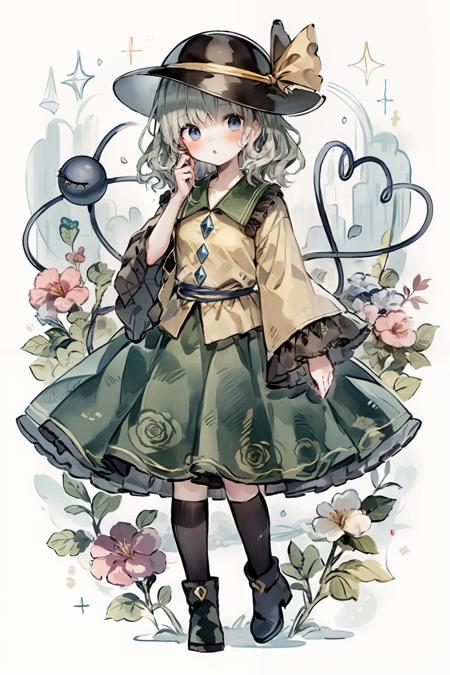 masterpiece, best quality,  <lora:KomeijiKoishi:1>,1girl, solo, hat, komeiji koishi, skirt, heart, shirt, thighhighs, green skirt, long sleeves, black thighhighs, ribbon, looking at viewer, wide sleeves, third eye, frills, yellow shirt, hat ribbon, star (symbol), flower, green hair, black headwear, full body, short hair, blue eyes, blush, arm up, :o, frilled sleeves, frilled shirt collar, gradient, green eyes, sparkle, collarbone, gradient background, frilled skirt, hat bow, yellow ribbon, bow, eyeball, floral print, yellow bow, blouse, parted lips, heart of string, bangs, open mouth, blue background, petals, string, boots <lora:0622_watercolor_loha_da16_dim64-000010:0.6>