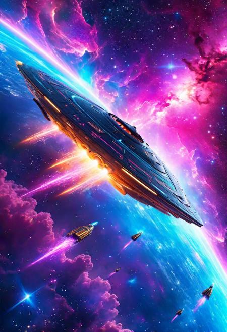 A stunning sci-fi illustration of a futuristic starship soaring through a vibrant nebula. The ship is adorned with glowing, metallic accents and emits a trail of colorful energy. The nebula is a swirling mass of cosmic gases, displaying a mesmerizing array of blues, purples, and pinks. The overall atmosphere of the image is one of wonder and exploration, with a sense of the unknown awaiting just beyond the stars.