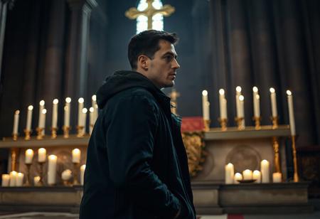 professional photo, side view photo of Caucasian man in kneeling in front of an altar covered with candles, wearing a dark blue parka, serious face, contemplative expression, dark features, dramatic lighting, in a dim cathedral interior, lit by candles