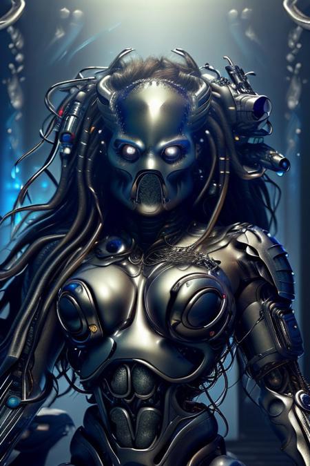 cinematic film still silverpulse, cyborg yautja, simple background, high quality, artistic, vibrant colors, detailed textures. futuristic sleek/glossy silver and blue glow, vibrant colors, detailed textures., Concept art, cyborg, background, vintage, modern, SilverPulse, <lora:SilverPulseMorphXL:0.8>, excellent composition, artistic, highly detail, holy, sunny, dynamic dramatic beautiful full taking . shallow depth of field, vignette, highly detailed, high budget, bokeh, cinemascope, moody, epic, gorgeous, film grain, grainy, front view,