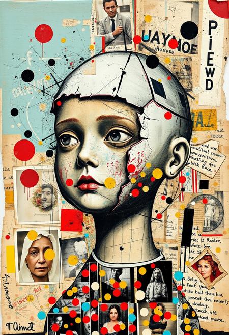 Outsider art. A surreal and deconstructed mixed-media collage in the style of Jacques Prévert with an urgent sense of chaos and energy. An analogue collage artwork blending fragmented styles, layers and textures. 
A Jean-Michel Basquiat illustration of a broken Victorian china pot doll's head.
Layered over this obscuring the image are multiple fragmented and overlapping layers of chaotic thick paint, splatters of paint, palette knife oil paint, handwritten scrawled text messages, torn photographs and broken distorted vintage photographs filling the canvas. 
Layers sections of repetitive brightly coloured dots in Yayoi Kusama style. Fragmented scribbles and abstract graffiti images in Jean-Michel Basquiat style over the top. This hides sections of the image below. Outlines are roughly redrawn in black ink and thick oil paint. The overall effect is manic and anarchic with an urgent sense of energy.