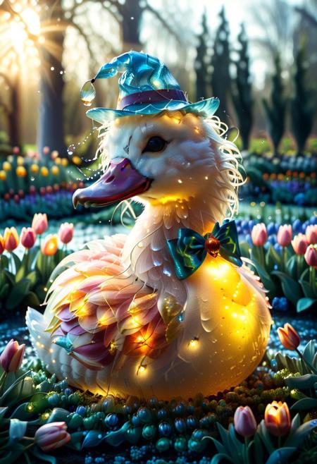 (tiny party duck:1.5), ( hiding party,:1.5) , animal wearing  jester's hat, daring expression, wine_glass, wine_bottle, spilled_bottle, offcial_like, masterpiece, best quality, amazing quality, cute, close-up, bioluminescent sphere, hollow bioluminescent glass, cracked shell, transparent bioluminescent glass, intricate detail, golden depths, raining outside, fascination, wonder, warm tones, cool tones, high contrast, mysterious background, scattered plants, tulip garden,  glowing halo, ethereal, high-definition, soft focus, dreamy atmosphere, surreal lighting, sunlight, golden hour, warm glow, earthy tones, cool blues, cool greens, magical realism, jaynl-tm, made of tulips