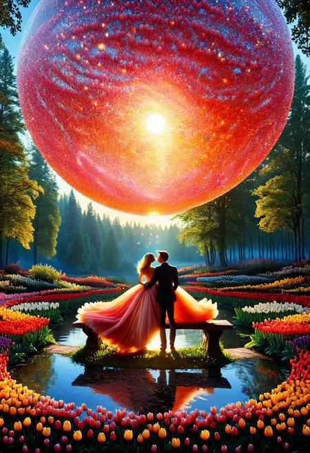 Delicate crystal sphere captures fleeting perfection idyllic scene - lovers entwined passionately on rustic iron bench perched edge tranquil pond mirroring amber hues painting sky fiery horizon sinking beyond treetops silhouetted majestic backdrop. Couple seems suspended animation timeless bubble preserved beauty found rare moments stolen amidst chaos everyday routine. Her flowing gown diaphanous silk whispers breeze-kissed petals flower garden surrounding them. His arm draped possessively around slender waist pulls closer pressing curves melding contours perfectly aligned destiny decreed.
Soft rosy blush stains cheeks flushed exhilaration electricity sparking glances exchanged loaded meanings secrets whispered lips brushing teasingly. Fingertips trace delicate collarbone neckline trailing feather-light touch igniting fires smoldering depths emerald eyes locked magnetic pull defying gravity forces separating. World falls away leaving sole occupants vast stage set enchantment fairytale ending written stars themselves.
concept-art, adventure, characters, fantasy, whimsy, dreaminess, colorful, digital, illustration, magic, 
beautiful, painterly, detailed, textural, artistic, aesthetic, rich details, 
intricate details, highly detailed, ultra-detailed, absurdres, vivid, vibrant, volumetric lighting, 
jaynl-tm, made of tulips, aid291, midjourneyv6.1, ais-particlez