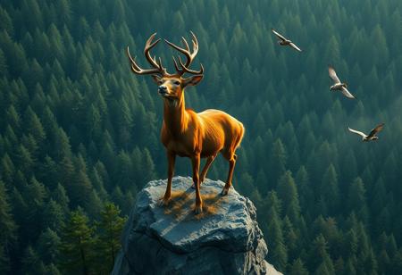 A picture of mystical deer, god of the forest standing on a rock protruding from an immense forest. The deer is larger than a common deer, with majestic antlers. From its antlers, a few leaves grow. Its coat is thick and brown with golden highlights. He looks like a god. he looking at the sky. The forest is dense, you can't see the ground. There are few birds flying in the sky around the deer. The view is from the sky.