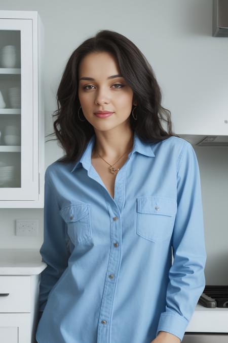 jenyad, (closeup portrait) woman wearing blue button up shirt, facing viewer, beautiful woman medium hair, <lora:Jenya:0.75>, perfect face, ((in kitchen))