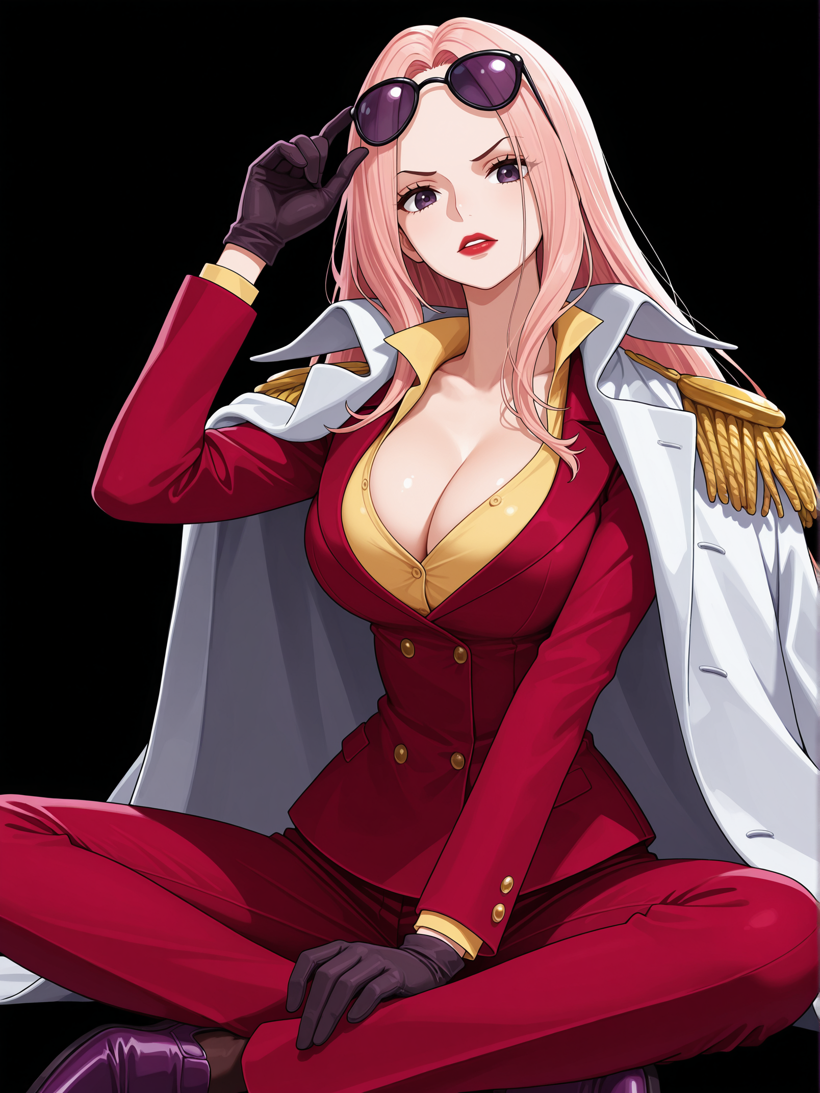 A woman with long, light pink hair and a confident expression sits cross-legged against a solid black background, adjusting sunglasses with her right hand. She wears a crimson red military-style suit with gold buttons, yellow shirt underneath, dark purple gloves and shoes, and a large white coat draped over her shoulders featuring prominent gold epaulettes.