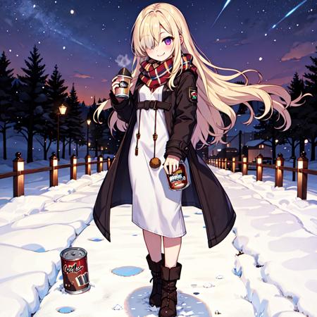 masterpiece, 1girl, best quality, outdoors, long hair, blonde hair, hair over one eye, small breasts, purple eyes, winter coat, long scarf, solo focus, standing, smile, blush, full body, holding, food, (canned coffee), looking at viewer, night, snow, facing viewer,