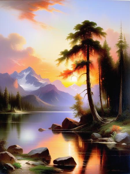 <lora:10NaturalismPainting_Hap_XL:1.5>,  Thomas Moran style, oil painting,  This painting depicts a serene lake at sunset, with the sky filled with dramatic hues of orange, green, and purple. The water reflects the colorful sky, creating a mirror-like surface. Tall trees frame the scene on both sides, their dark silhouettes adding depth and contrast. In the distance, the mountains are bathed in the soft, fading light of dusk, enhancing the tranquil and contemplative mood of the landscape.
