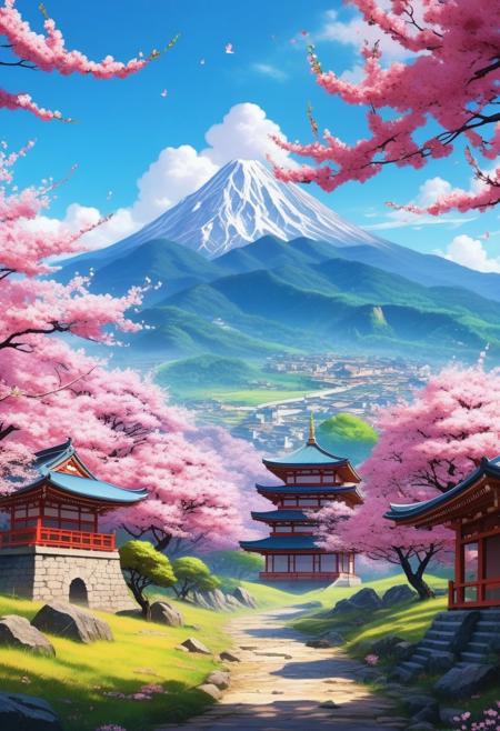 chef d'oeuvre, style anime, tranchant, pas d'humains, paysage parfait, montagnes, arbres cerisiers sakura en fleur, ruines, vibrant, coloré