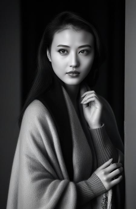 Film noir style, (masterpiece,best quality,ultra high res:1.2),(photo-realistic:1.3),beautiful face,exquisite face,skin texture,face_focus,looking at viewer,
side_light,character portrait,20yo,
1girl,<lora:zhouhaimei_XL_0_:1.3>,zhouhaimei,(Cashmere_sweater:1.4),(Wide-leg_trousers:1.3),(Blanket_scarf:1.2),, Monochrome, high contrast, dramatic shadows, 1940s style, mysterious, cinematic