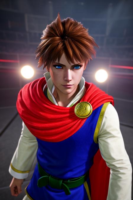 masterpiece, best quality, bartz klauser, brown hair, short hair, blue eyes, blue shirt, red cape, green belt, photorealistic lights, cinematic lighting, ultra detail texture, ultra detail hair, ultra detail face, perfect eyes, hyperrealistic paiting, fantastic realism, <lora:Bartz:0.7>