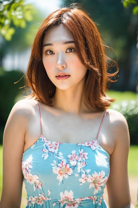 20 years old woman, at park, (light blue floral dress), RAW photo, (photorealistic:1.37, realistic), highly detailed CG unified 8K wallpapers, 1girl, (medium hair:1.4) (thick body:1.4) , looking at viewer, (((straight from front))), (HQ skin:1.2, shiny skin), 8k uhd, dslr, soft lighting, high quality, film grain, Fujifilm XT3, ((dynamic pose:1.2)) ((upperl body:1.6)) (professional lighting:1.6) ,  <lora:livyrenata_v1.0:0.9> livyrenata