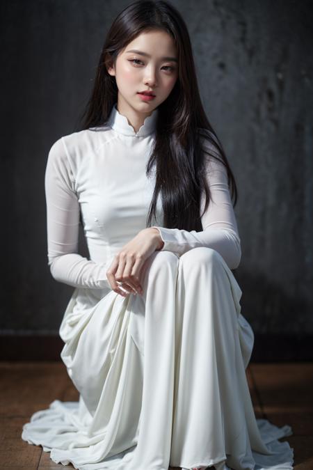 1girl, aodai white, photo art, (flower), <lora:aodai_SDLife_Chiasedamme_v3.0:0.62>, a stunning photo with beautiful saturation, ultra high res,(realistic:1.4)),deep shadow,(best quality, masterpiece), pale skin, dimly lit, shade, flustered, blush, highly detailed, skinny, BREAK depth of field, film grain, wrinkled skin, looking at viewer, knee, warm smile, (upper body), masterpiece,ultra realistic,32k,extremely detailed CG unity 8k wallpaper, best quality, (full body:1.4)