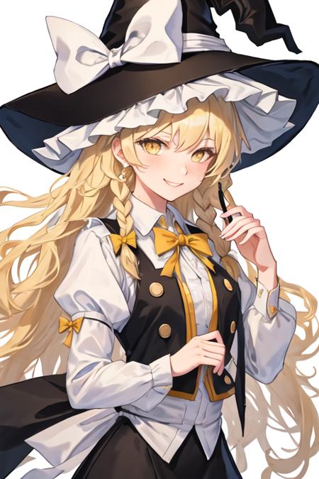 best quality, masterpiece, highres, solo, {kirisame_marisa_touhou:1.15}, blonde_hair, long_hair, hat, witch_hat, bow, yellow_eyes, braid, single_braid, hat_bow, smile, hair_bow, white_bow, bangs, black_headwear, upper_body