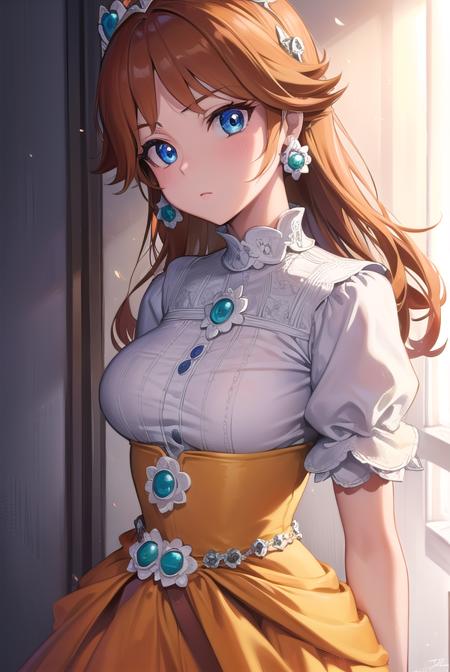 princess daisy, blue eyes, long hair, orange hair, crown, daisy, dress, flower, gem, gloves, orange dress, puffy short sleeves, puffy sleeves, short sleeves, white gloves,