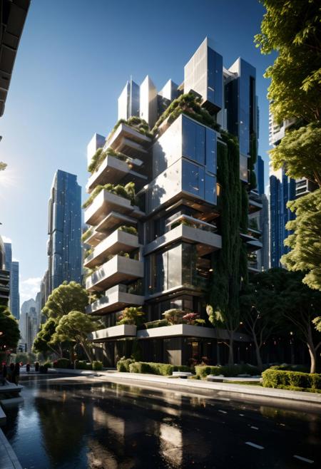 (((Modern style architecture, housing, luxury residence))),
outdoors, sky, tree, blue sky, no humans, ground vehicle, building, scenery, reflection, city, cityscape, bare tree, skyscraper, real world location,
(Large Files, Ultra Realistic, 8K, 16k, FHD, HD, VFX, Perfect, Photography, composition, Architecture Sales Photography, Architecture Competition, Ultra High Resolution, Cinematography, High Resolution Image:1.1), (dramatic lighting, direct sunlight, ray tracing, clear shadow:1.2), (real landscape:1.1), (blurred background:1.0), (urban background, more_details)  
(avant-garde, future, reality, science fiction, photorealistic), (modern architecture:1.2), White limestone with black granite, fountain, waterfall, landmark, square, path, narrow street,
(Large Files, Ultra Realistic, 8K, 16k, FHD, HD, VFX, Perfect, Photography, composition, Architecture Sales Photography, Architecture Competition, Ultra High Resolution, Cinematography, High Resolution Image:1.1), (dramatic lighting, direct sunlight, ray tracing, clear shadow:1.2),  (real landscape:1.1), (blurred background:1.0), (urban background, more_details) ,
great lighting, extremely detailed, clear, SteamPunk, futuresurban