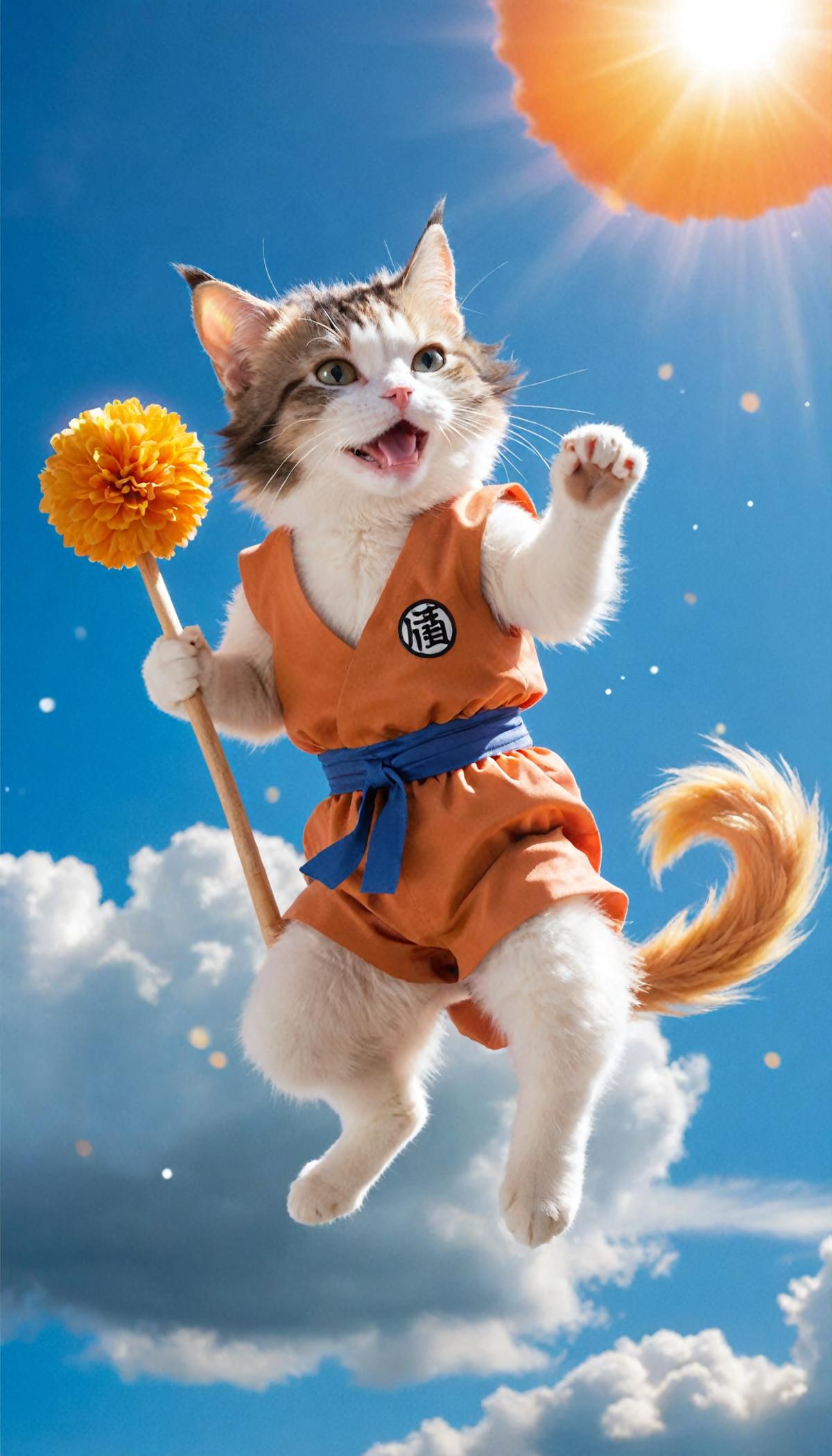 A kitten wearing a martial arts uniform and holding a yellow flower.