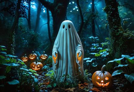 Charming ghost, photorealistic, woodland scene, detailed plants, dim lighting, whimsical ambiance, ultra-high resolution, natural colors, cinematic shot, close-up view, medium shot, wide-angle view, low-angle shot, high-angle shot, expressive eyes, smooth textures, gentle glow, magical atmosphere, balanced composition, dynamic flow, peaceful vibe, enchanted forest, at night, halloween, pumpkins, candles,
 <lora:zavy-cntrst-sdxl:1> dark, chiaroscuro, low-key  <lora:SDXLHighDetail_v5:1> <lora:dark_weather:1>