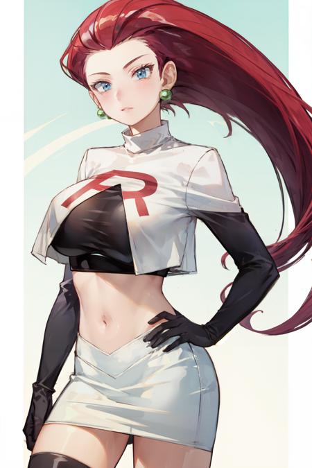 <lora:jessie-v2:1><lora:jessie-v2:1> jessie pokemon, 1girl,  breasts, crop top, hair slicked back, jewelry, blue eyes, navel, long hair, skirt, team rocket, earrings, red hair, gloves, thighhighs, underwear,  large breasts, midriff, white skirt, elbow gloves, black gloves, blush,  team rocket uniform, looking at viewer, hand on hip, very long hair