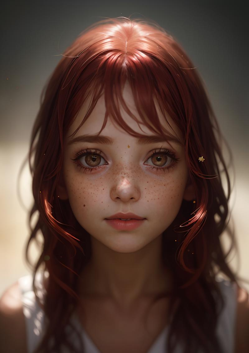 A young girl with red hair and freckles looking at the camera.