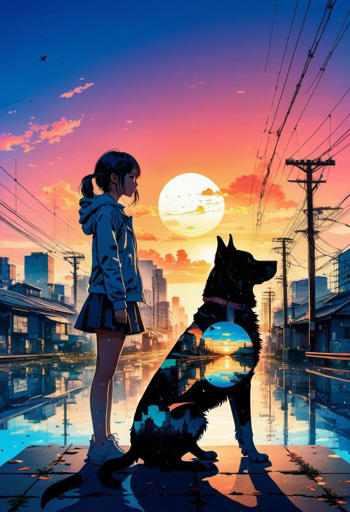 A girl and a dog standing in front of a city skyline at sunset.