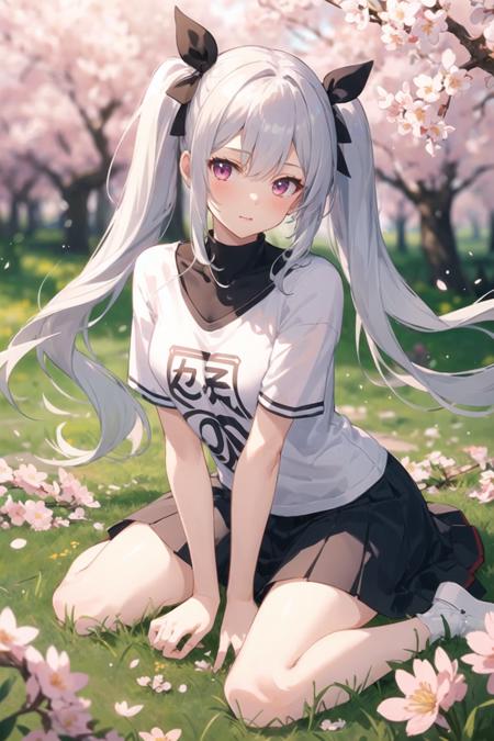 1girl, casual clothes, t-shirt, skirt, twintails, long hair, outdoors, sakura flowers, grass, wariza