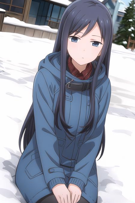 1girl, bangs, blue hair, expressionless, long hair, looking at viewer, winter jacket, winter background, saginomiya_shiori, Sitting, pretending to tie an oversized bow, <lora:add_detail:0.65>