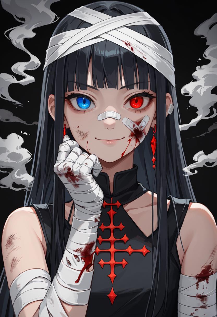 score_9, score_8_up, score_7_up, source_anime, 1girl, solo, long hair, looking at viewer, blue eyes, black hair, red eyes, closed mouth, jewelry, upper body, earrings, blunt bangs, blood, heterochromia, bandages, black background, bandaid, smoke, bandaged arm, injury, bandaid on face, shushing, bandaged hand, bandaged head, smirk, smile,