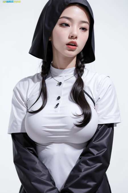 best quality, masterpiece, (photorealistic:1.4), 1 girl, korean girl, cute, wearing a nun suit, praying, large breasts, oops nipples:1.1, Religion, serenety, <lora:KoreaG-02:0.7>