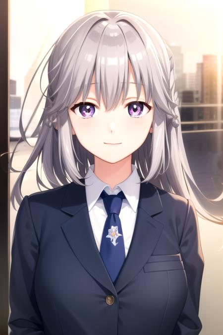 ((masterpiece)),(best quality),official art,extremely detailed CG,unity 8k wallpaper,ultra detailed,beautiful detailed eyes,extremely detailed face,1girl,solo,upper body,(portrait:1.5),looking at viewer,facing viewer,smile,Yukisaki Erena(skrk),grey hair,very long hair,shiny hair,braid,hair between eyes,bangs,floating hair,sidelocks,purple eyes,school uniform,blue jacket,blazer,wing collar,open jacket,blue necktie,collared shirt,white shirt,taut shirt,long sleeves,large breasts,miniskirt,pleated skirt,plaid skirt,black pantyhose,loafers,<lora:Yukisaki Erena(skrk)>,