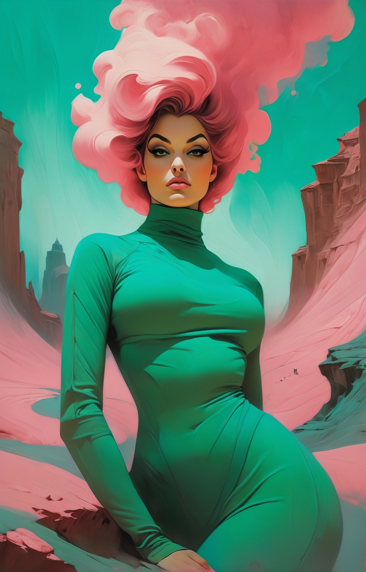 ultramarine green and rose smoke color blocking illustration of a beautiful (curvy and busty:2) woman cosmonaut on alien l...