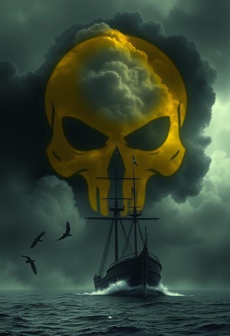 The image depicts a dramatic scene where a ship, likely an old sailing vessel, is surrounded by a thick, dark cloud formation. The cloud is shaped in a way that strikingly resembles a yellow skull face, giving the scene an ominous, almost supernatural feel. Birds are seen flying near the ship, adding to the eerie atmosphere. The overall mood of the image suggests themes of adventure, mystery, or even horror