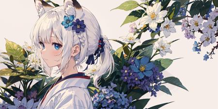 1girl, animal ears, solo, long hair, flower, hair ornament, blue eyes, hair flower, profile, japanese clothes, animal ear fluff, blue flower, kimono, from side, white hair, braid, bangs, looking at viewer, fox ears, closed mouth, white flower, upper body, white kimono, portrait