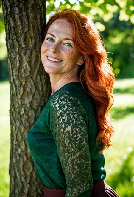 This is a photograph of a 50 year old woman with freckles, from behind, leaning up against a tree and looking over her shoulder, smiling at the viewer with her green eyes. She stands in a grassy field with trees in the distance on a bright sunny day.  The sleeves on her (dark red blouse:1.1) are rolled up and she wears a long, (black skirt:1.1). Her long orange hair is wavy and hangs low on her back.  vivid colors, casting shadow style, perfect eyes, extremely intricate details, masterpiece, epic, clear shadows and highlights, realistic, intense, enhanced contrast, highly detailed skin, f/2.8, bokeh, DarkFantasy