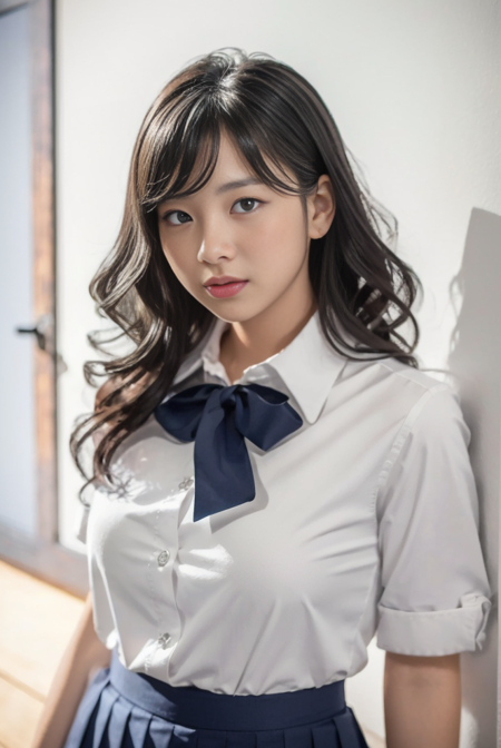 masterpiece, best quality, ultra-detailed, illustration, colorful, depth of field, 
calssroom, school uniform, white collared shirt, grey skirt, pleated skirt, 
,1girl, medium breasts, wavy hair,  detailed skin texture, detailed cloth texture, beautiful detailed face,
<lora:epi_noiseoffset2:0.85> <lora:Zee-Kanpiro:0.85>