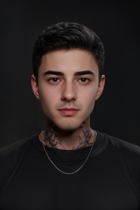 closeup headshot photo of male jakipz <lora:jakipz-08:0.85> wearing a form-fitting black t-shirt, simple dark gray backdrop, soft directional lighting, confident expression, neck tattoo