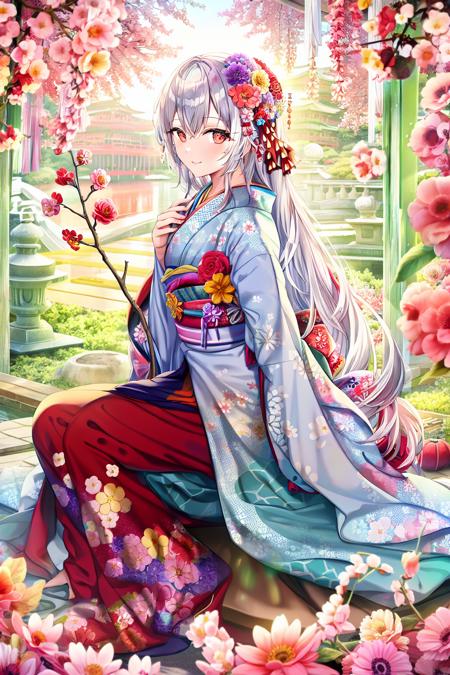 japanese clothes, flower, solo, long hair, butterfly, kimono, bug, white hair, holding, 1girl, wide sleeves, red flower, floral print, red eyes, looking at viewer, full body, tree, hair ornament, long sleeves, sitting, branch, bangs, colorful, pink flower, yellow flower, hair flower, smile, male focus, closed mouth, print kimono, sash, purple flower